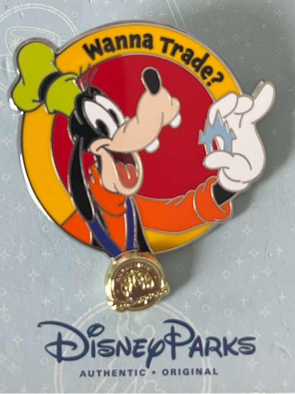 Disney Parks Goofy "Wanna Trade?" Dangle Lanyard Trading Pin